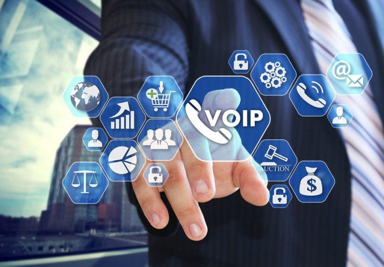 man touching image of different voip services