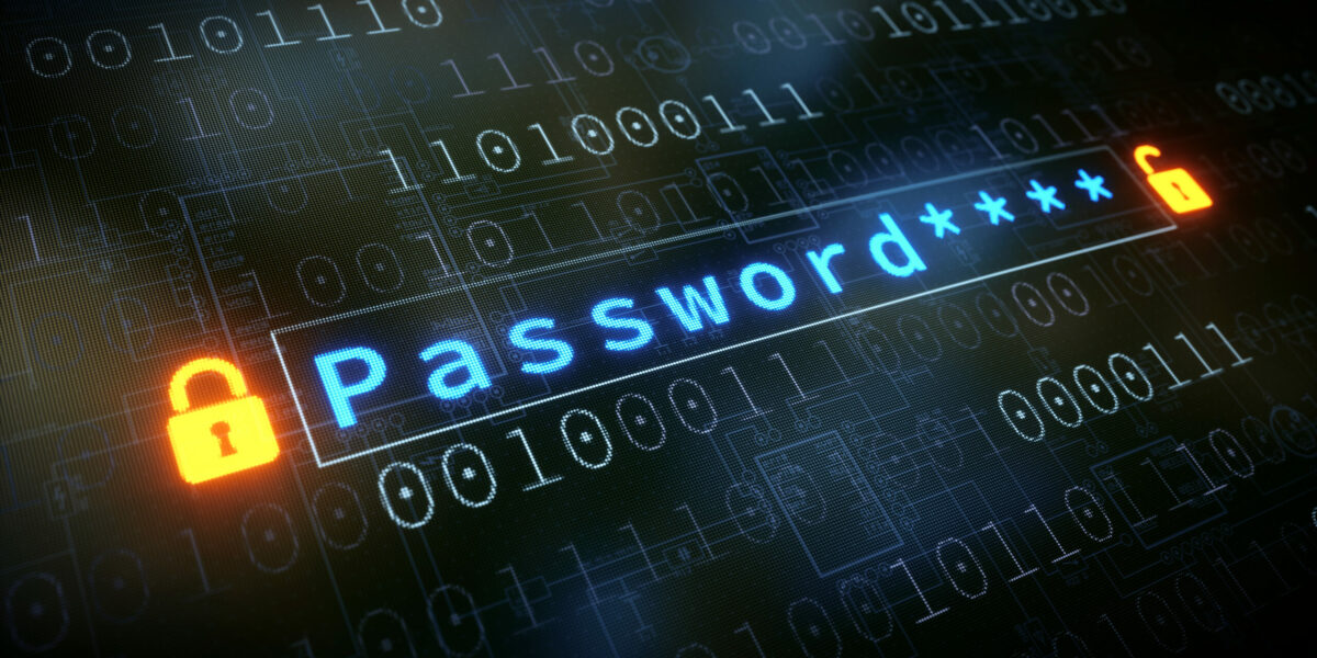 Close up on a password input field on a surface with binary numbers, a blueprint schematics and two padlocks on each side for password security.