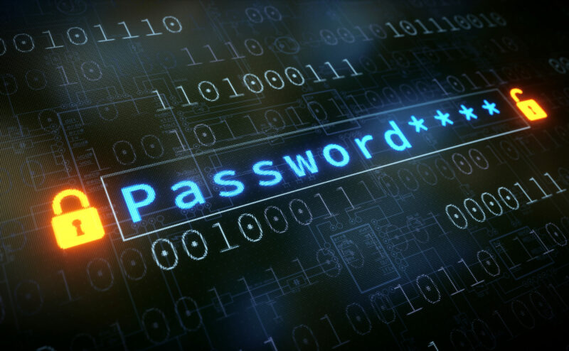 Close up on a password input field on a surface with binary numbers, a blueprint schematics and two padlocks on each side for password security.