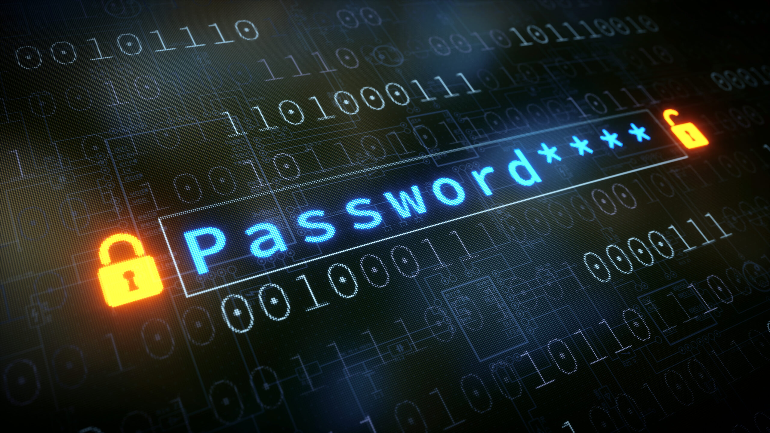 Close up on a password input field on a surface with binary numbers, a blueprint schematics and two padlocks on each side for password security.