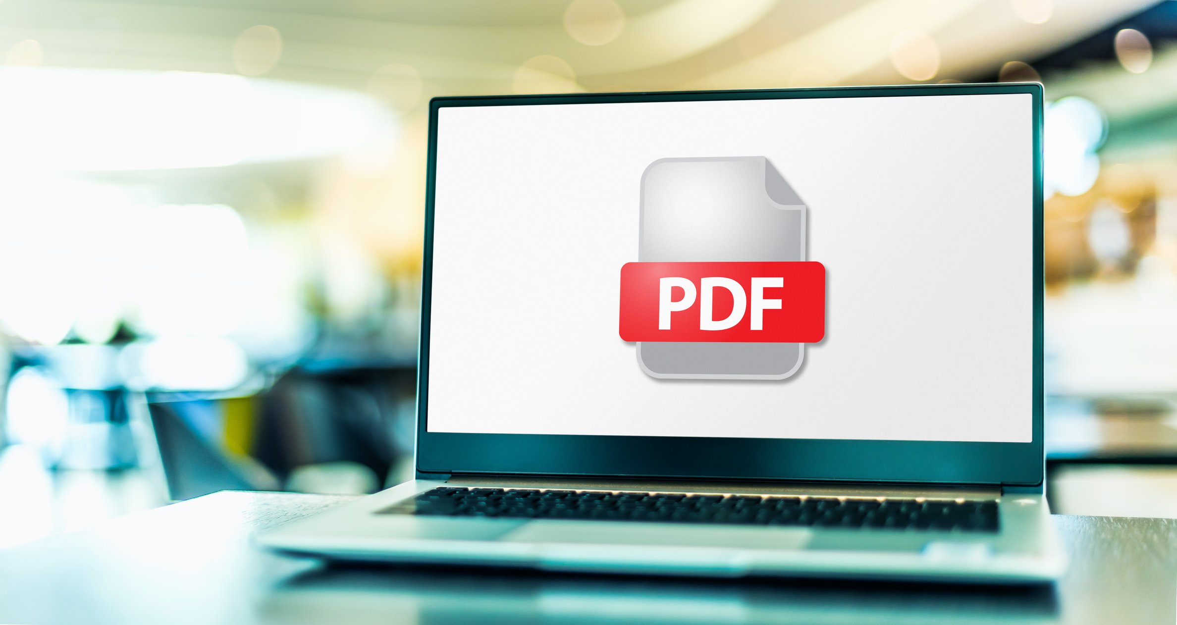 A lap top on a desk with a PDF document icon to represent ways to convert documents to PDF