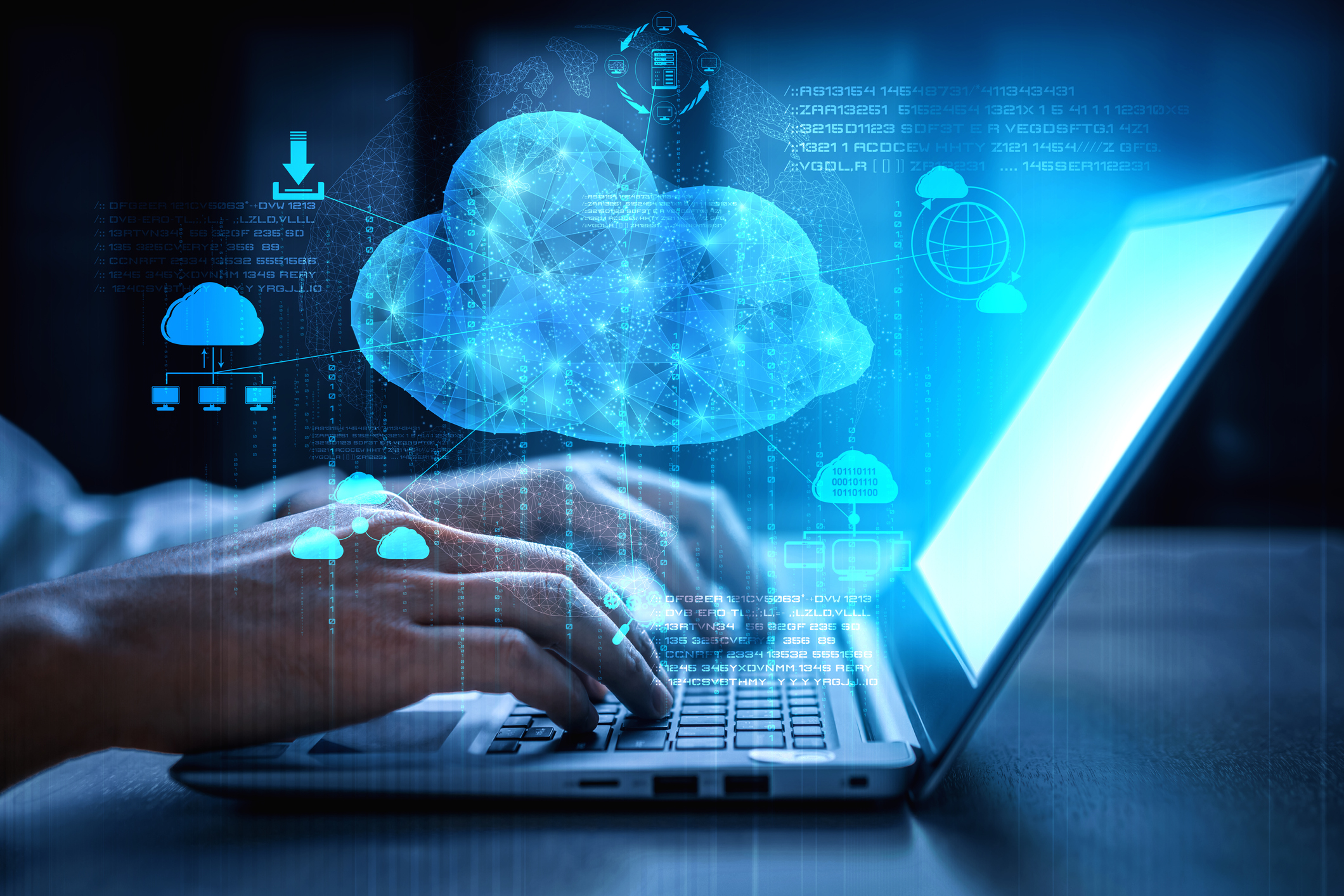 A women typing on a laptop with a graphic of a large cloud with smaller icons around it to represent cloud services.