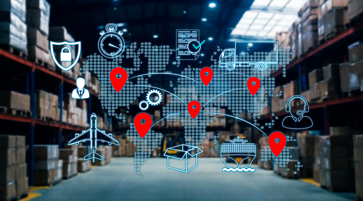 A digitalized global map with pins across it is layered in front of a large storage room. There are stylized logistics icons around the map.